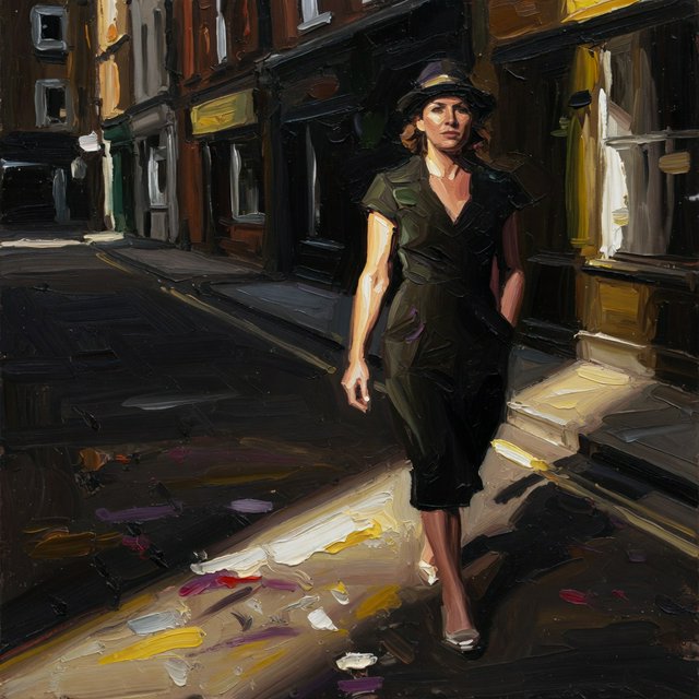 Confident, loaded brushstrokes build flesh from a tightly restricted range of warm earths, black, and white, allowing skin to glow through close value control. Thick ridges of paint make bodies feel weighty and physically immediate. Hard theatrical illumination cuts across the forms, while lurid complementary accents flare against deep shadow. Edges alternate between blunt definition and swift painterly loss, leaving subjects and settings compositionally intact. Quiet streets whisper / Her footsteps echo softly / Sunlight paints her path — Grok Imagine Image Quality