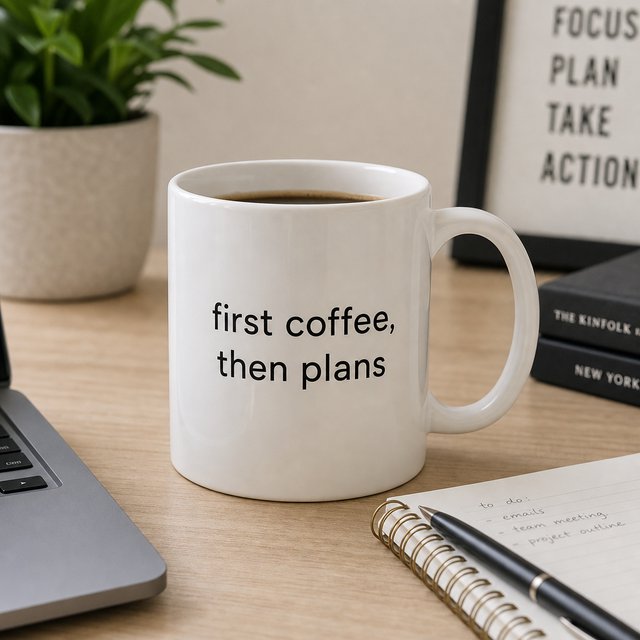 A white ceramic mug on a desk with the words "first coffee, then plans" printed in black lowercase sans-serif. — GPT Image 2