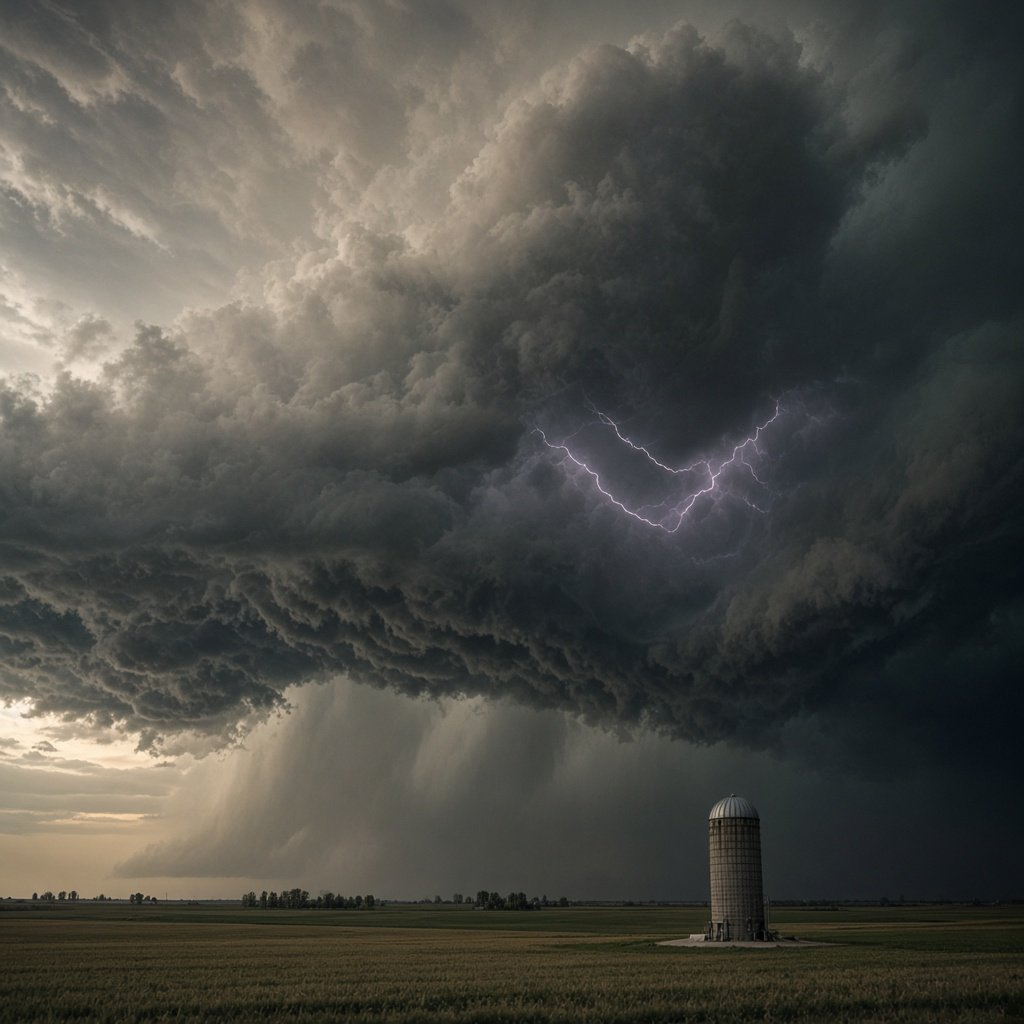 A supercell thunderstorm over flat farmland, lightning inside the cloud, a lone grain silo, dramatic but realistic. — Grok Imagine Image 2