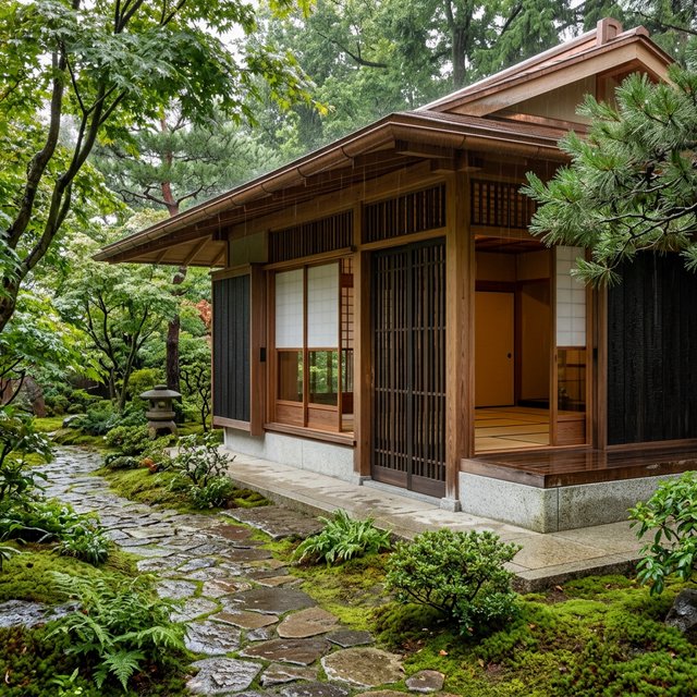 Exterior of a Kyoto-inspired contemporary teahouse in restrained Japanese timber architecture, charred cedar screens, pale granite, and a copper-clad roof; soft rain-bright afternoon light, viewed obliquely from a moss garden path, precise joinery and credible structure. — Nano Banana 2.1