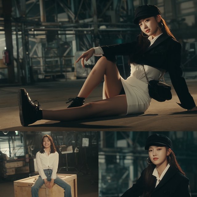 A pretty K-pop idol who is 19–21 years old at a music video shoot. The music video is for her hit song "돈 벌기" (Make Money). The setting of the music video relates to the song name. At least 4 scenes and many angles. — Krea 2 Large