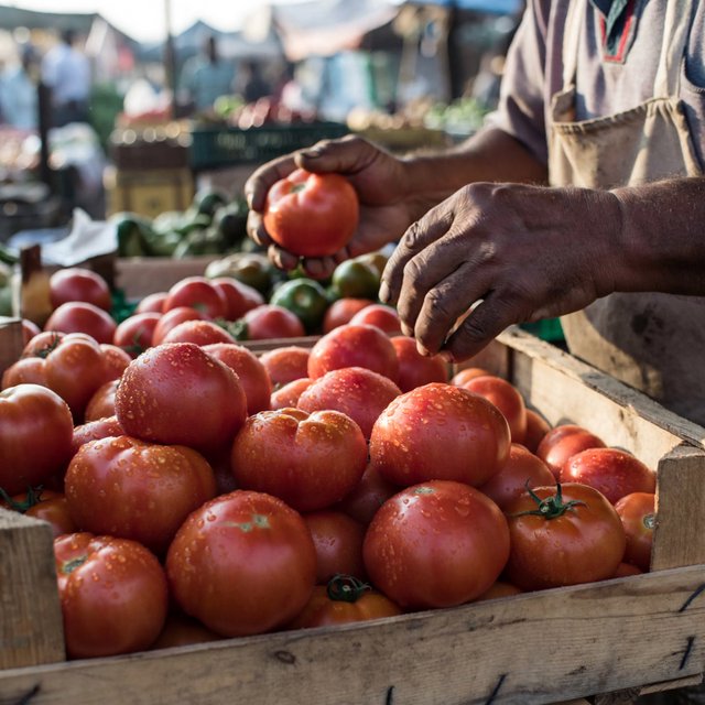 Candid documentary photograph of an adult market vendor arranging ripe tomatoes at an outdoor produce stall, cool early-morning side light, 50mm lens with shallow depth of field, condensation droplets beading on the tomato skins. — ImagineArt 2