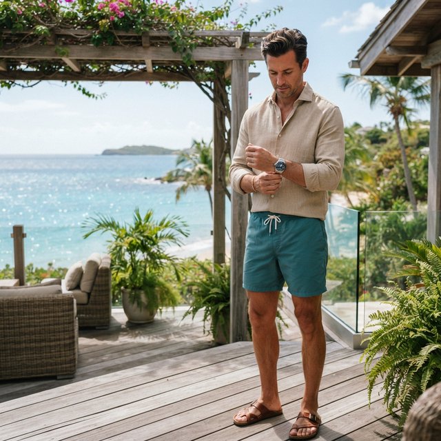 At a sunlit island veranda, an adult man in teal swim shorts and a sand-colored linen shirt is caught fastening his watch, crisp noon light and relaxed tailoring lending fashion-magazine polish. — Nano Banana 2 Lite