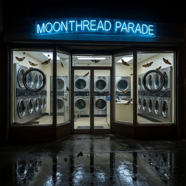 At midnight, moths circle the laundromat’s glowing round windows while chrome washing machines gleam inside; “MOONTHREAD PARADE” shines in icy blue neon above the entrance, reflected across the wet pavement, with no other lettering visible. — Qwen Image 3.0
