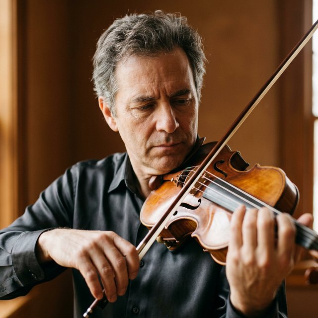 With a violin tucked close, an adult man in his early 50s draws a bow, his hands prominent, wearing a charcoal silk shirt; his intent expression is framed against a warm umber backdrop in soft amber window light, in a close portrait photograph. — Nano Banana 2.1
