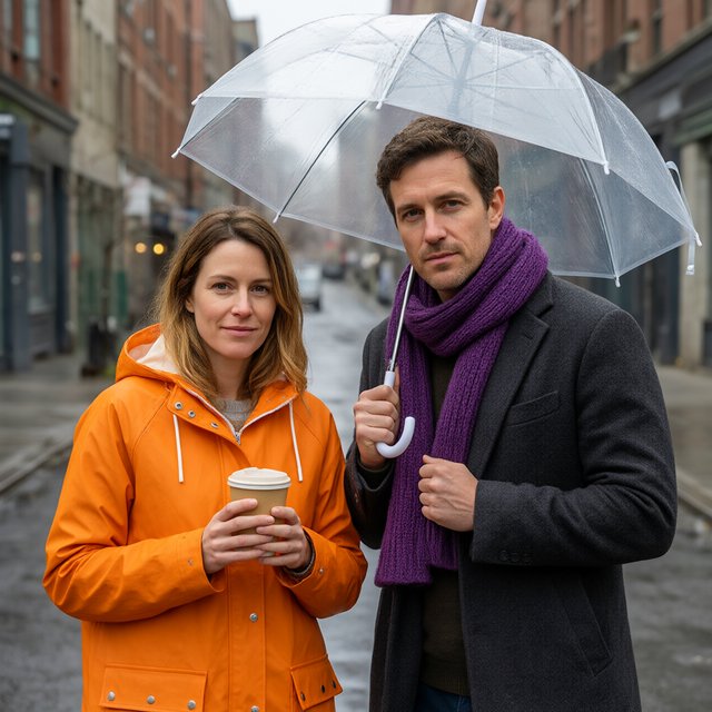 A man with a purple scarf holding a transparent umbrella, standing to the right of a woman in an orange raincoat who holds a paper cup, both facing the camera. — Qwen Image 3.0
