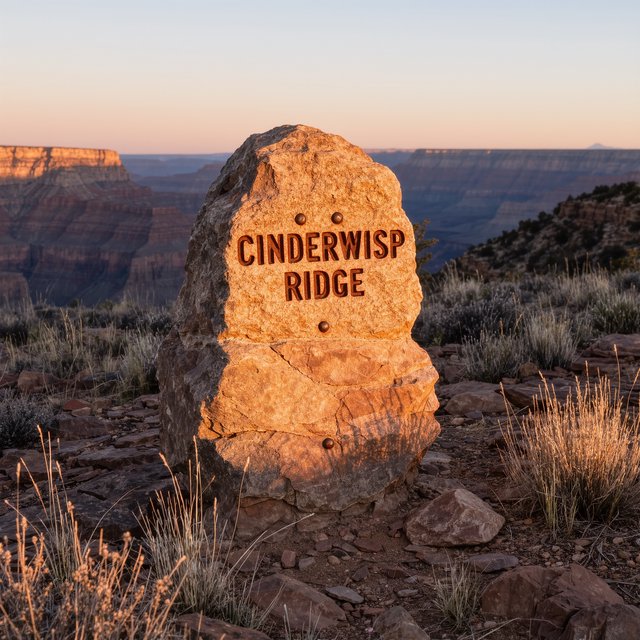 At a high desert canyon overlook, a weathered granite trail marker rises among sage and pale grasses; "CINDERWISP RIDGE" is deeply carved across its broad face, the cut letters catching slanting amber light. — Kling v3 Omni