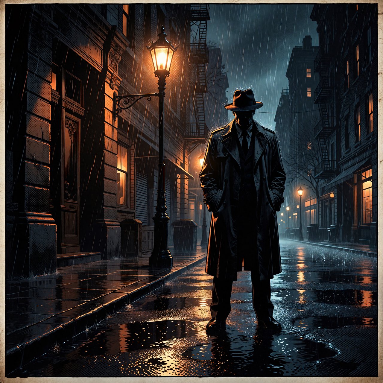Comic panel of a detective in a trench coat under a streetlamp in the rain, bold ink, halftone shading, no speech bubbles. — ImagineArt 1.5 Pro