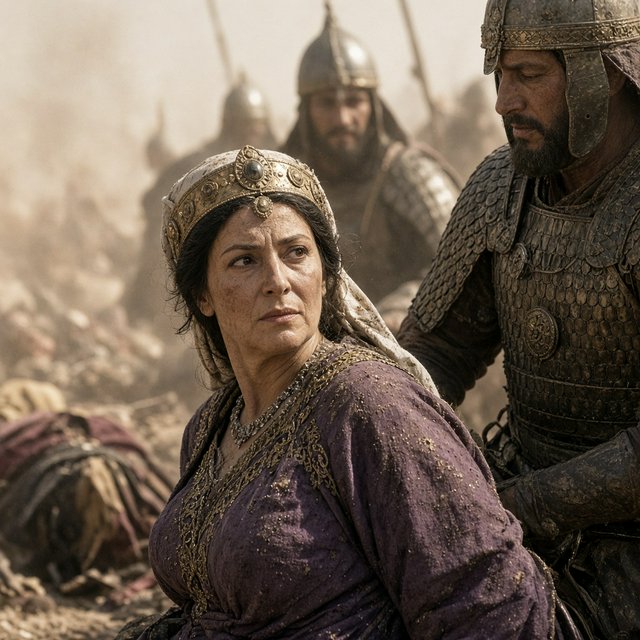 Film capture. Cinematic scene of the Byzantine empress being captured by Sassanid cataphracts. Harsh desert lighting. Shallow depth of field. The image takes place in the aftermath of a battle. All of the subjects are dusty and disheveled. — Grok Imagine Image 2
