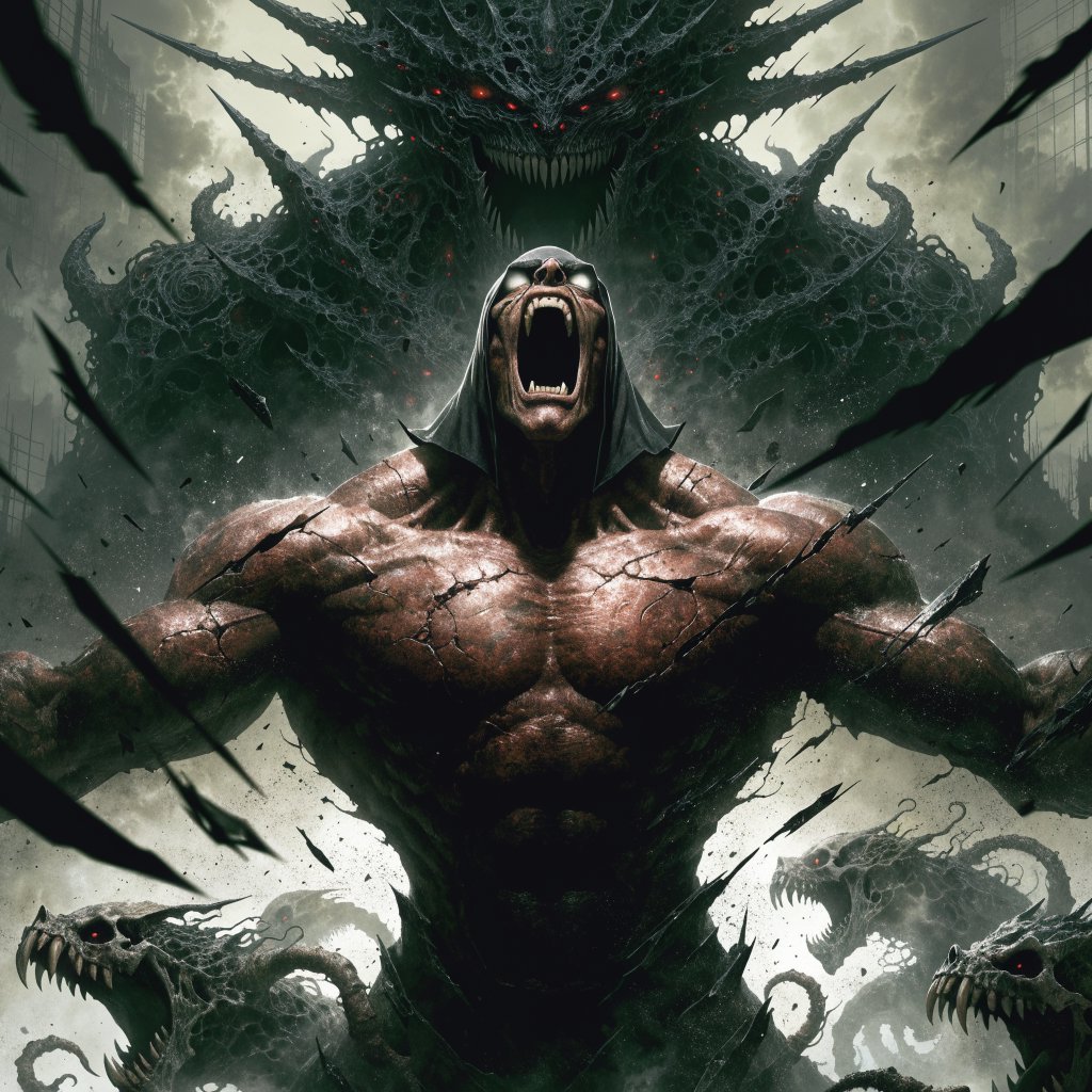 A colossal muscular berserker erupts in a primal roar, framed from the waist upward at a dramatic low angle. His head tilts back, glowing ivory eyes fixed upward, mouth stretched impossibly wide with clearly defined teeth and a cavernous dark interior. A close-fitting black hood frames his angular face, while his bare bronze-red torso displays monumental musculature, fine scars, and jagged surface fissures. Both upper arms thrust outward, elbows and hands beyond the frame, creating a broad, forceful silhouette. Behind him looms a towering obsidian demon with a crown of needlelike horns, scattered ember eyes, a serrated grin, and massive shoulders formed from twisted organic armor. Smaller snarling creatures coil across the lower foreground, their skull-like heads and hooked tendrils overlapping his waist. Razor-shaped fragments sweep diagonally through the scene, directing attention toward his illuminated face and chest. A ruined abyss recedes through smoky olive-green and charcoal haze. — Recraft v4