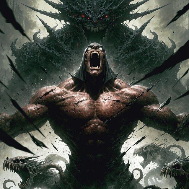 A colossal muscular berserker erupts in a primal roar, framed from the waist upward at a dramatic low angle. His head tilts back, glowing ivory eyes fixed upward, mouth stretched impossibly wide with clearly defined teeth and a cavernous dark interior. A close-fitting black hood frames his angular face, while his bare bronze-red torso displays monumental musculature, fine scars, and jagged surface fissures. Both upper arms thrust outward, elbows and hands beyond the frame, creating a broad, forceful silhouette. Behind him looms a towering obsidian demon with a crown of needlelike horns, scattered ember eyes, a serrated grin, and massive shoulders formed from twisted organic armor. Smaller snarling creatures coil across the lower foreground, their skull-like heads and hooked tendrils overlapping his waist. Razor-shaped fragments sweep diagonally through the scene, directing attention toward his illuminated face and chest. A ruined abyss recedes through smoky olive-green and charcoal haze. — Recraft v4
