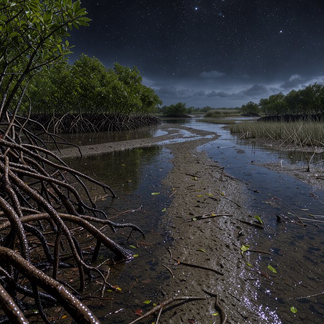 A mangrove delta spreads beneath a star-filled midnight sky after a humid shower; rain-beaded roots and fine silt ridges sharpen the foreground, while winding channels vanish among distant reed islands. — Model 2