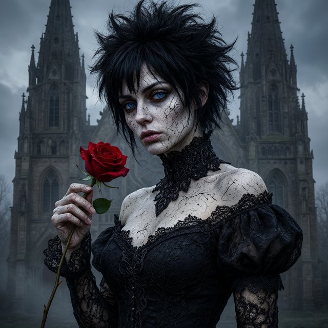 Atmospheric lighting creates soft background gradients through value blending, and surreal dark textures produce cracked surfaces and splatter via organic mark making. The fusion manifests as lace edges, dramatic chiaroscuro, and sharp focal contrast, transforming any subject through meticulous gothic surface modeling. A gothic woman depicted in 2026, with spiky black hair, blue eyes, and pale skin, wearing a black off-shoulder lace dress with a high ornate collar and puffed sleeves, holding a red rose. Close-up at eye level, the woman facing forward with her head slightly tilted, gazing directly at the viewer, holding a red rose in her right hand near her shoulder. Scene set before a gothic cathedral during overcast twilight, with misty atmosphere, featuring tall church spires in the background. — Qwen Image 3.0 Pro