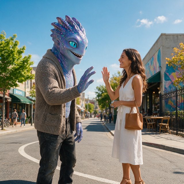 Alien monster walking down the street, greeting a beautiful woman walking toward him down the street on a lovely sunny day! — Seedream 5.0 Pro
