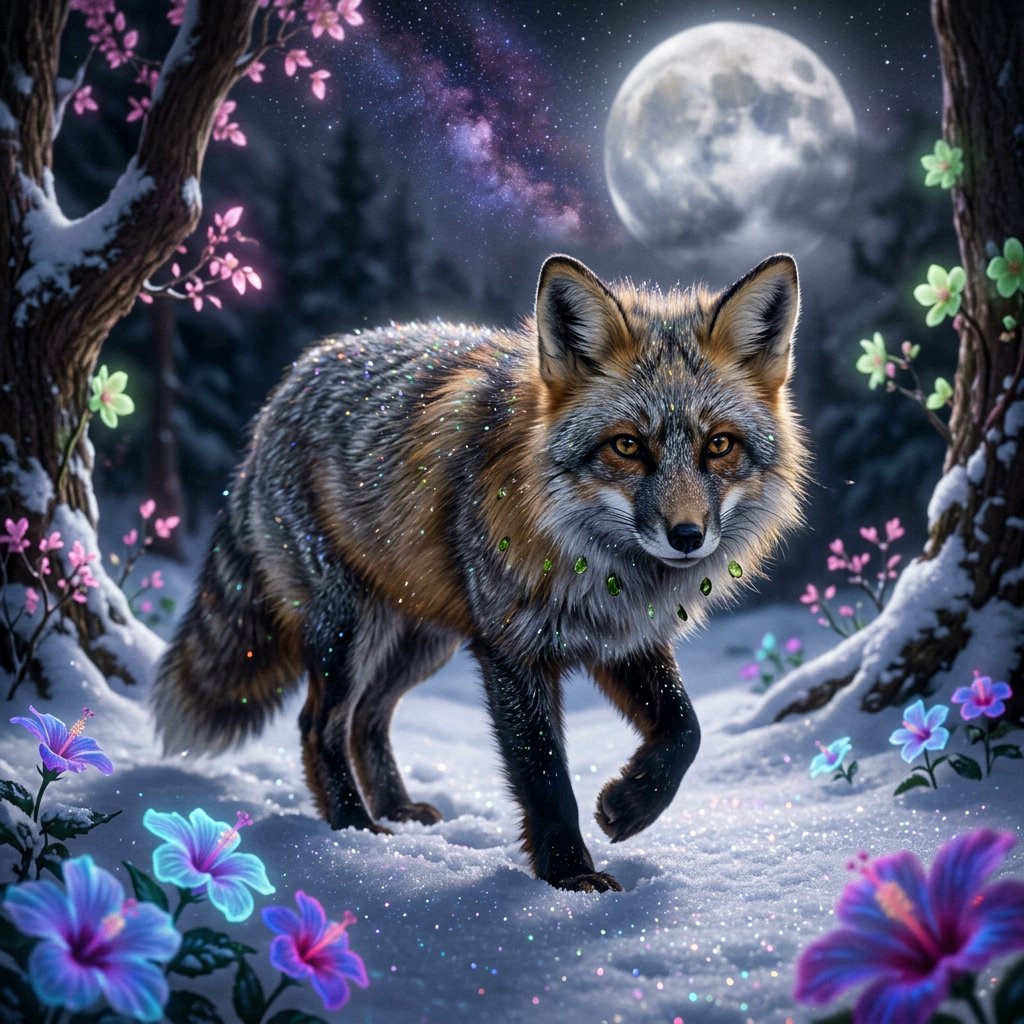 A fantasy still photography image of a majestic silver and gold fox, its fur coat features a breathtaking fiber-optic rainbow-glitter that shimmers with dense prismatic sparkles shifting vibrantly under the ethereal moonlight, the fox features deep silver undertones across its thick coat and is perched proudly in a front-facing posture, its fur is intricately adorned with embedded polished peridot and shimmering onyx that catch the glowing light, it is walking in an enchanted snow filled landscape filled with multicolored bioluminescent hibiscus flowers blooming in radiant neon shades and blooming pink bioluminescent trees with glowing green blossoms, the background features a dramatic full moon and a vibrant multicolored starry sky filled with multicolored swirling galaxy, a soft ethereal glow illuminates the fox's commanding silhouette, razor-sharp focus on its piercing golden eyes, magical realism style, fantasy art. — Nano Banana 2.1