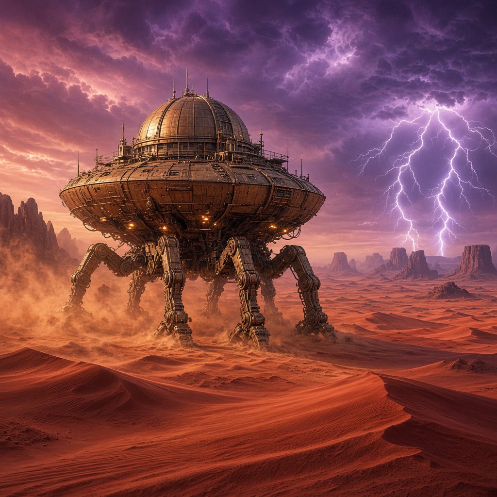 A colossal brass desert crawler carries an observatory dome across red dunes, its articulated legs striding through a sandstorm. Warm lamps glow beneath the hull while distant mesas fade into violet dusk and lightning illuminates the horizon. — Grok Imagine Image 2
