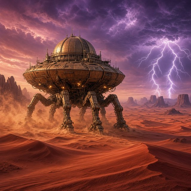 A colossal brass desert crawler carries an observatory dome across red dunes, its articulated legs striding through a sandstorm. Warm lamps glow beneath the hull while distant mesas fade into violet dusk and lightning illuminates the horizon. — Grok Imagine Image 2