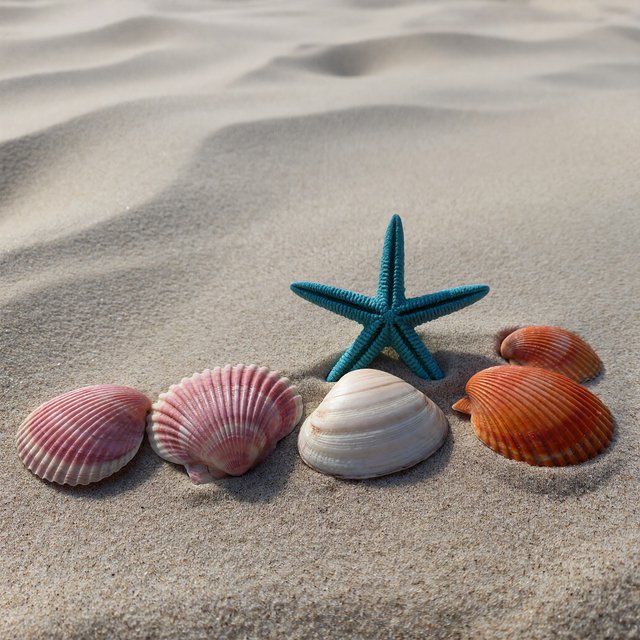 Exactly five seashells lie on pale sand: two pink shells on the left, one white shell in the center, and two orange shells on the right. A turquoise starfish sits above the center shell, nothing else. — ImagineArt 1.5 Pro