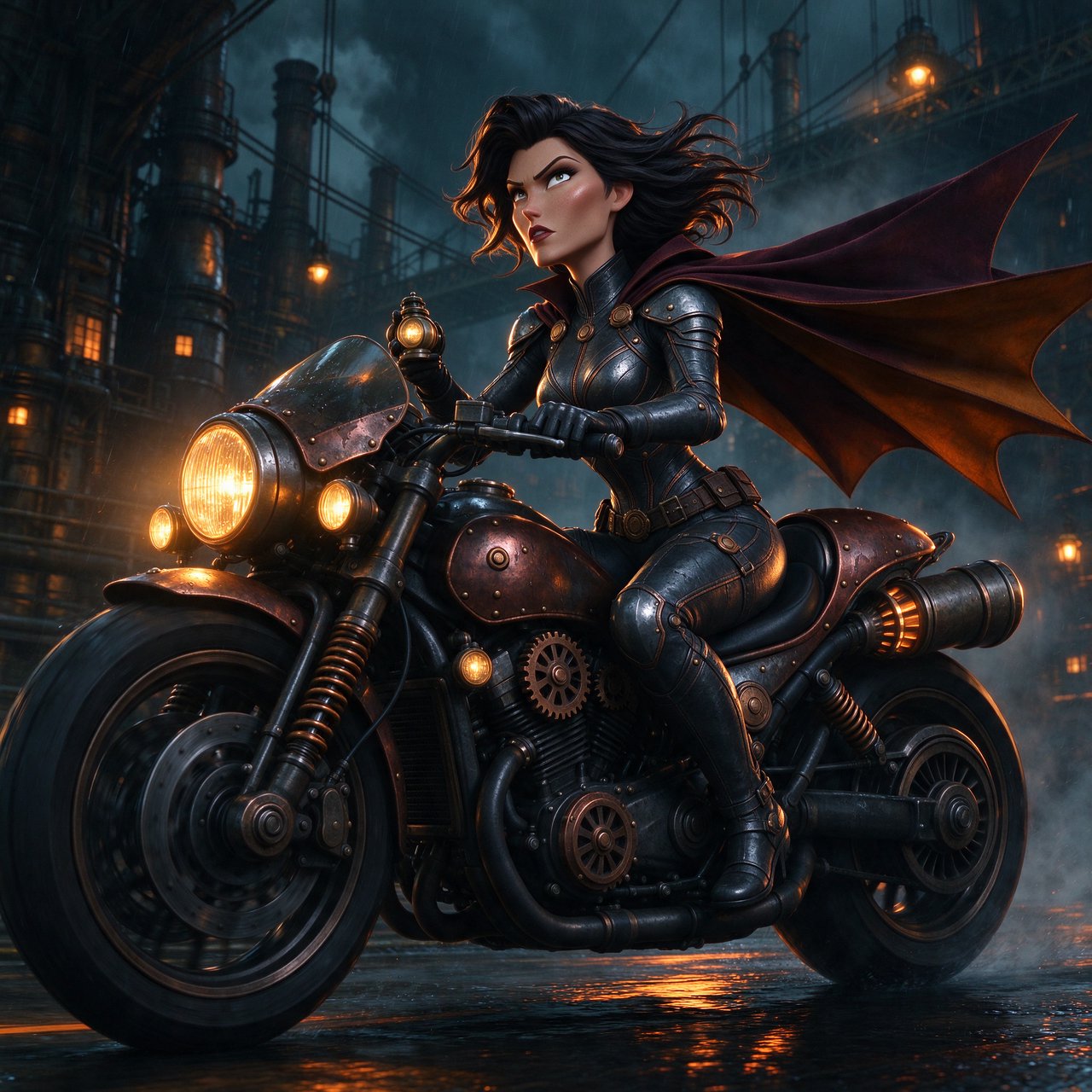 A modeled 3D character design featuring exaggerated, caricatured proportions and a striking silhouette—combined with subtle, nuanced skin shading and warm, cinematic rim lighting—creates an elegant aesthetic reminiscent of modern animated films. The result is a polished, stylized rendering characterized by rich color depth, expressive caricatured facial features, painterly texture details, and a dramatic, theatrical atmosphere typical of contemporary animation. An adult female superhero with a flowing cape on a moving motorcycle. Dieselpunk style. — Seedream 5.0 Flash