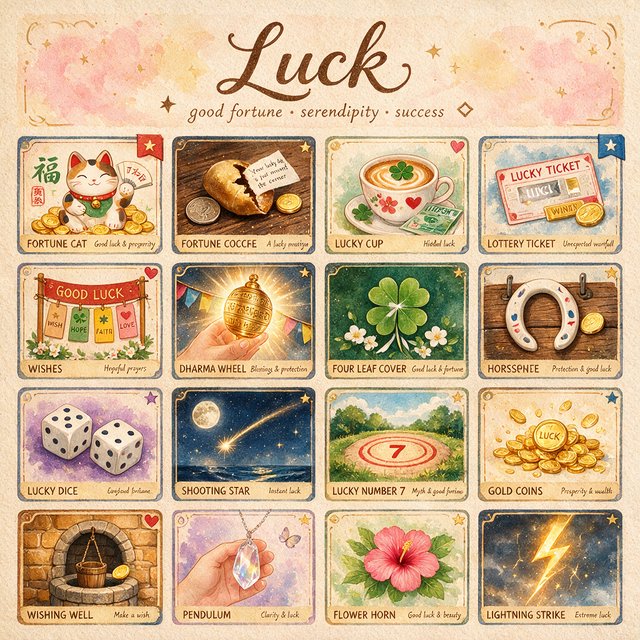 Many panels. Each panel represents an item, thing, creature, or scene that represents Luck. The word "Luck" appears at least once in the image. Be as creative as possible. — Seedream 5.0 Pro