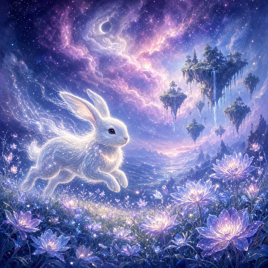 An ethereal rabbit, its fur made of shimmering moonlight, hops through a field of glowing, otherworldly flowers under a sky filled with nebulae. The landscape is dreamlike and surreal, with floating islands in the distance. The style is a delicate digital painting with fantasy elements, evoking a sense of wonder and tranquility. — Grok Imagine Image 2
