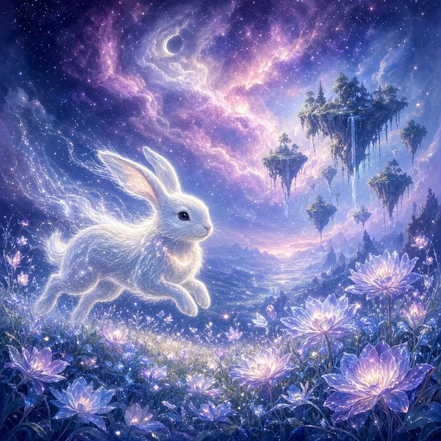 An ethereal rabbit, its fur made of shimmering moonlight, hops through a field of glowing, otherworldly flowers under a sky filled with nebulae. The landscape is dreamlike and surreal, with floating islands in the distance. The style is a delicate digital painting with fantasy elements, evoking a sense of wonder and tranquility. — Grok Imagine Image 2