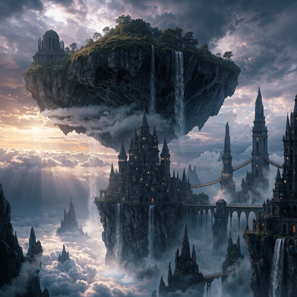 A colossal cliffside monastery hangs beneath a floating island, its waterfalls falling into luminous cloud seas. Bronze bridges connect needle towers, while dawn rays pierce violet storms and tiny windows glow above an endless abyss. — Recraft v4