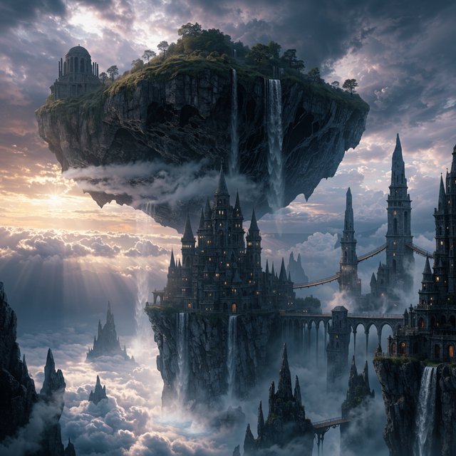 A colossal cliffside monastery hangs beneath a floating island, its waterfalls falling into luminous cloud seas. Bronze bridges connect needle towers, while dawn rays pierce violet storms and tiny windows glow above an endless abyss. — Recraft v4