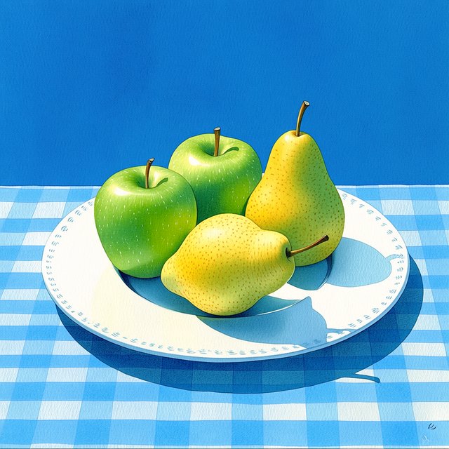 Exactly three green apples and two yellow pears on a white plate, the plate on a blue tablecloth, nothing else on the table. — Midjourney Niji 7