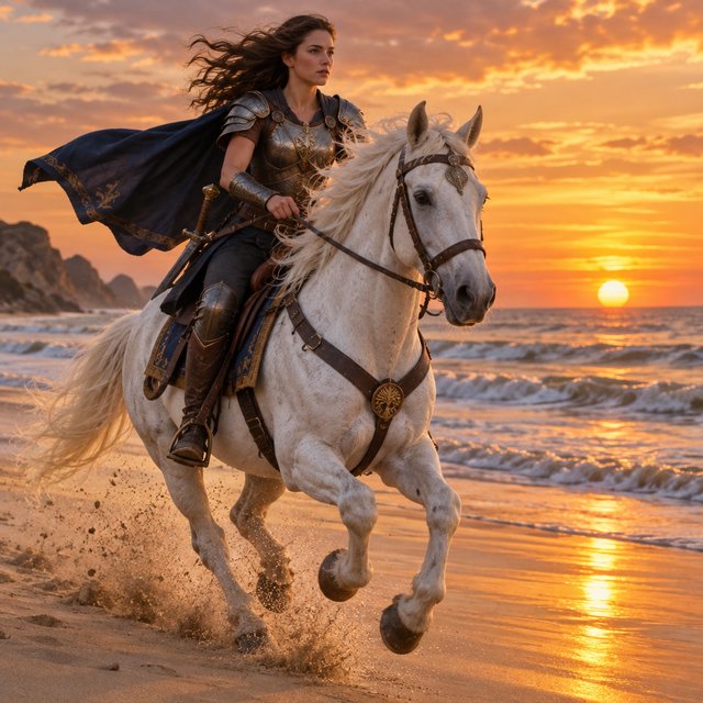An adult female warrior on her white steed galloping along a fine-sand beach at sunset. — GPT Image 2.5 Flare