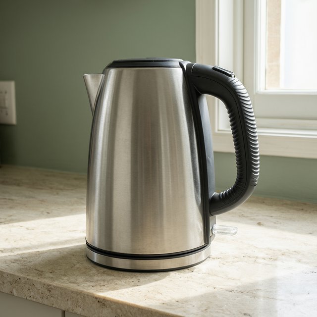 Morning daylight spills across a kitchen counter, revealing an unbranded electric kettle in satin stainless steel with a ribbed heat-resistant polymer handle. It sits on honed limestone against a muted sage backsplash, with window light and white bounce fill; commercial product image, no lettering. — Qwen Image 3.0 Pro