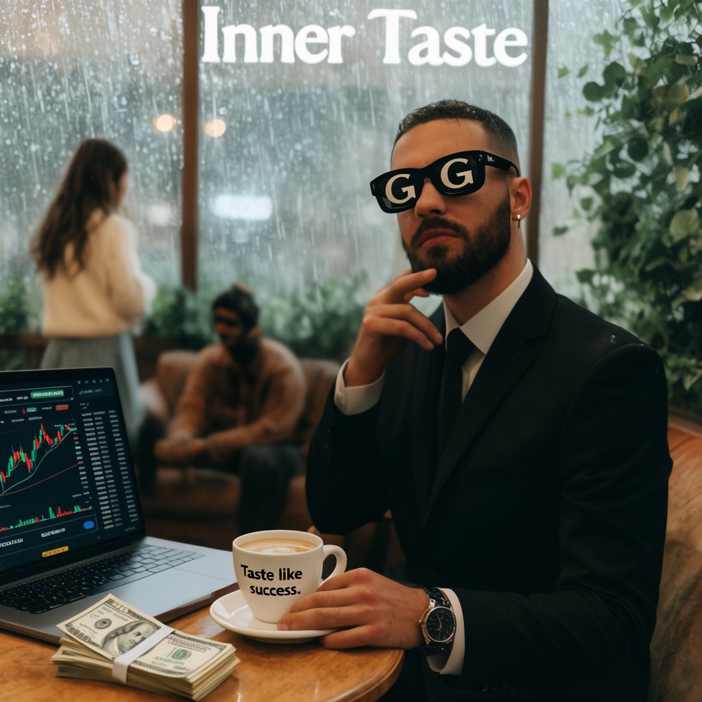 Realistic, a man wearing a black suit and cool shades with the word “G” on them, sitting near a table in a friendly coffee shop with the words “Inner Taste” displayed in the shop, coffee on the table, a coffee cup with the words “Taste like success,” a stack of money on the table, a high-end laptop displaying a successful trade, and rain pouring outside. The vibe is calm and chill. — Krea 2 Large