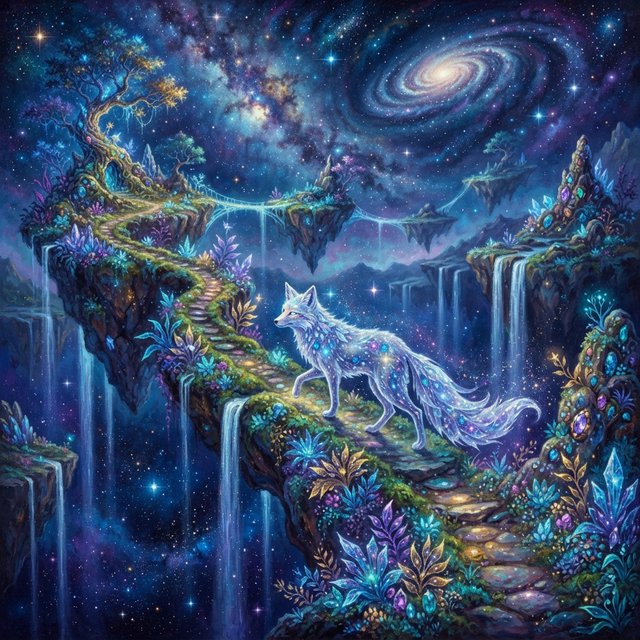 An ethereal fox with crystalline fur navigates a landscape of floating islands. Waterfalls cascade into the starry abyss below, and strange, alien flora sprouts from glowing rocks. This is a magical realism painting, infused with the wonder of distant galaxies. — Nano Banana 2 Lite
