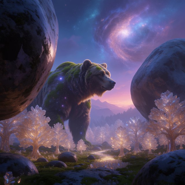 A colossal ancient bear, its fur woven with moss and starlight, stands at the edge of a shimmering, otherworldly forest. The trees are made of crystal and emit a soft, ethereal glow. In the distance, a nebula swirls in the twilight sky. The scene is rendered in a fantasy art style, with surrealist elements and cinematic lighting that emphasizes the majestic scale of nature. — Krea 2 Medium