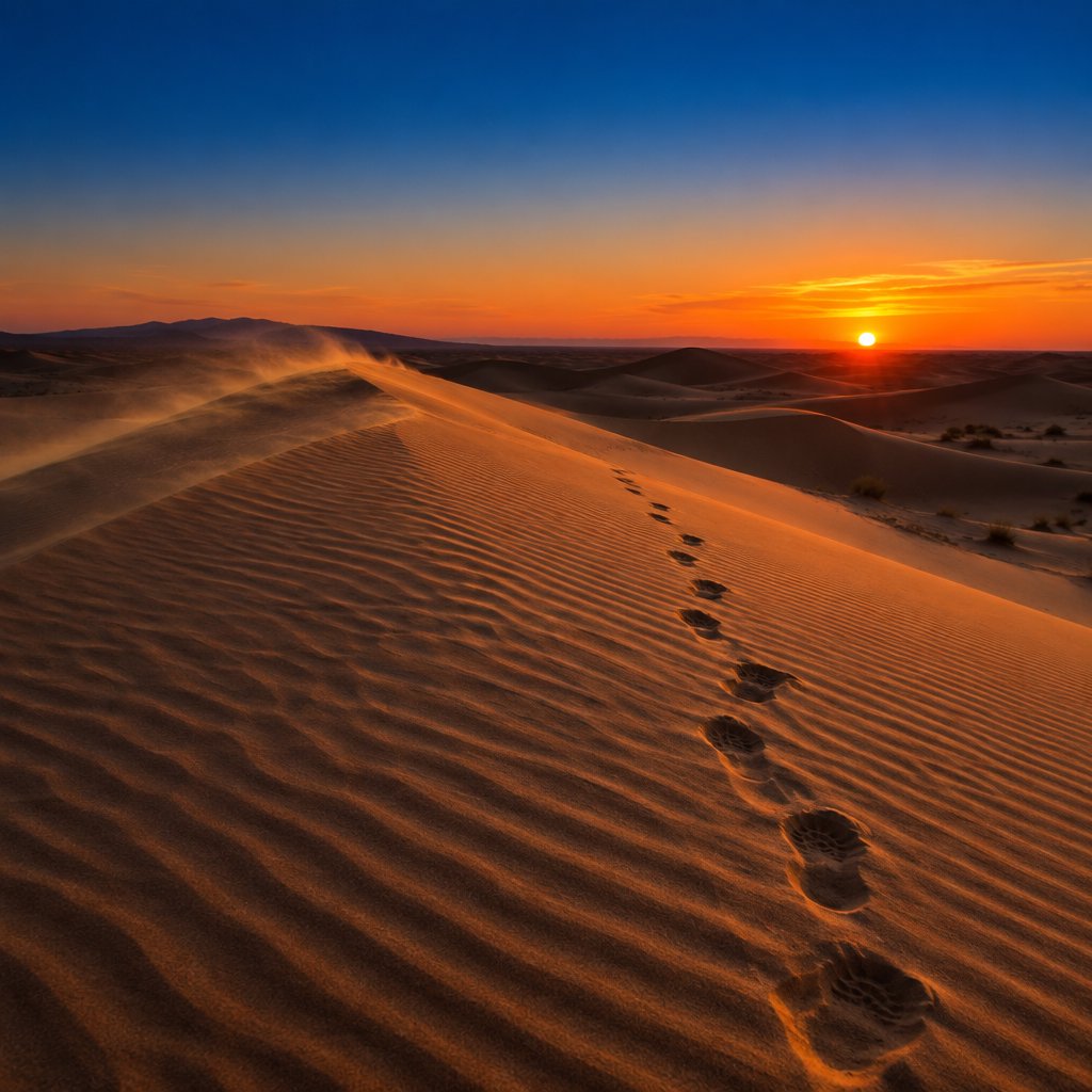 Sand dunes at sunset with wind-blown ridges, one set of footprints, deep blue sky fading to orange. — GPT Image 2.5 Flare