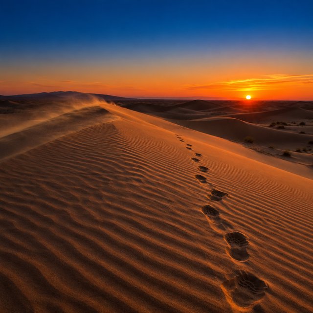 Sand dunes at sunset with wind-blown ridges, one set of footprints, deep blue sky fading to orange. — GPT Image 2.5 Flare