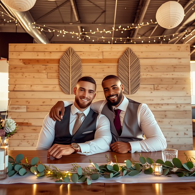 (Character1: rugby player body type, tall, brunet male, age 30, buzzcut hair and neatly groomed matching beard). Medium eye-level shot, photorealistic, two men seated at a wooden banquet table: the left middle-aged man wears a white dress shirt, charcoal waistcoat, and taupe tie, with his right arm on the table; the right man, Character1, smiles directly at the camera, wearing a white dress shirt, grey waistcoat, maroon tie, and a watch on his left wrist, with his left arm draped over the first man's shoulder. In the foreground: a table runner with eucalyptus sprigs, small fairy lights, a bottle holding flowers, a glass jar, and a water glass. Background: an exposed light horizontal wood plank wall with two decorative leaf panels, an exposed industrial ceiling with hanging paper lanterns, and fairy string lights. Warm, soft ambient overhead event lighting, natural indoor venue atmosphere, shallow depth of field. Art style: dramatic painterly realism with realistic skin texture, strong chiaroscuro, slightly gritty textured brushwork, fantasy illustration mood. — Midjourney Niji 7