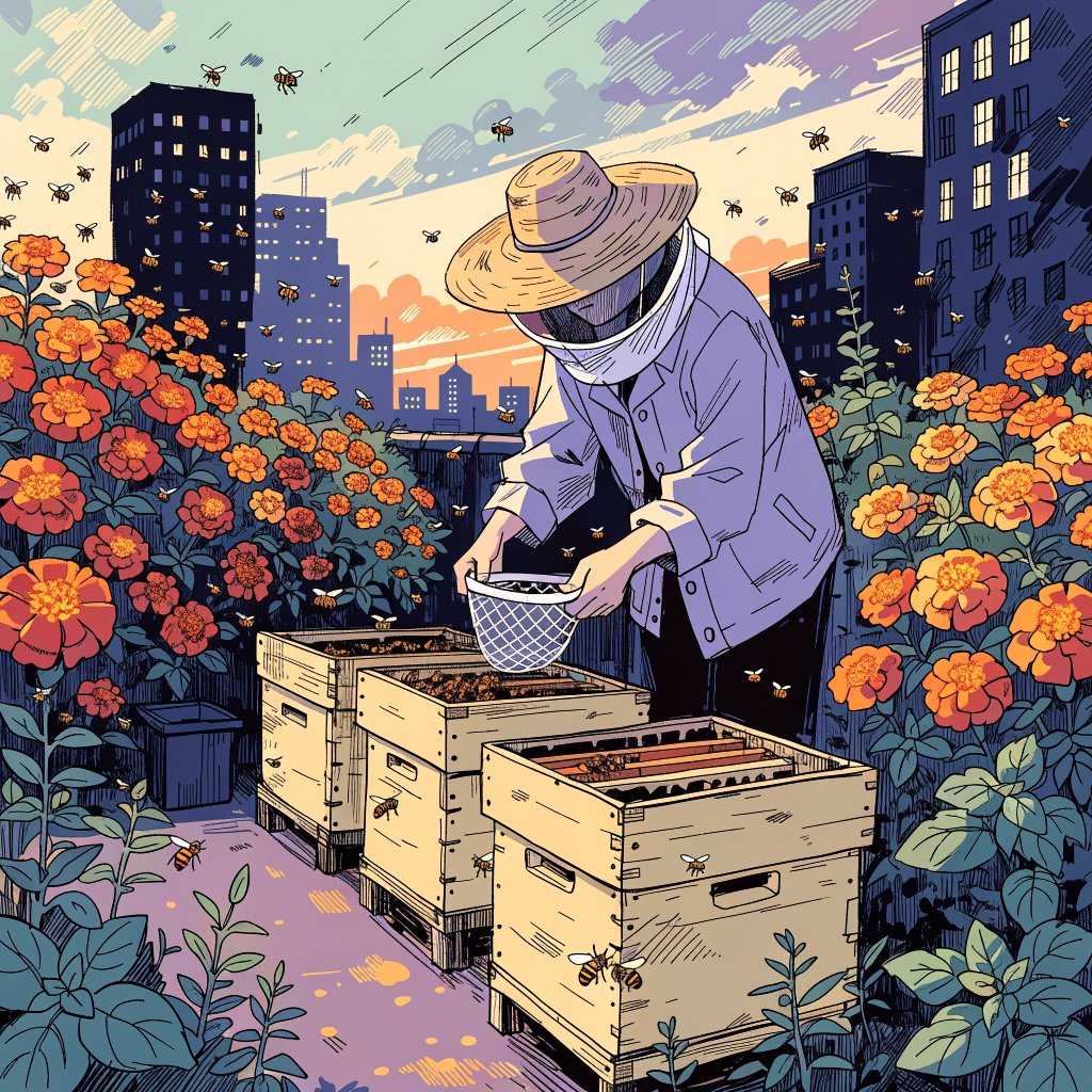 Cel-shaded anime illustration of an adult rooftop beekeeper tending lively hives among marigolds and herbs at dusk, with bees drifting past distant windows. Palette of saffron, violet, mint, and midnight blue, crisp contours and gentle gradients. — Recraft v4