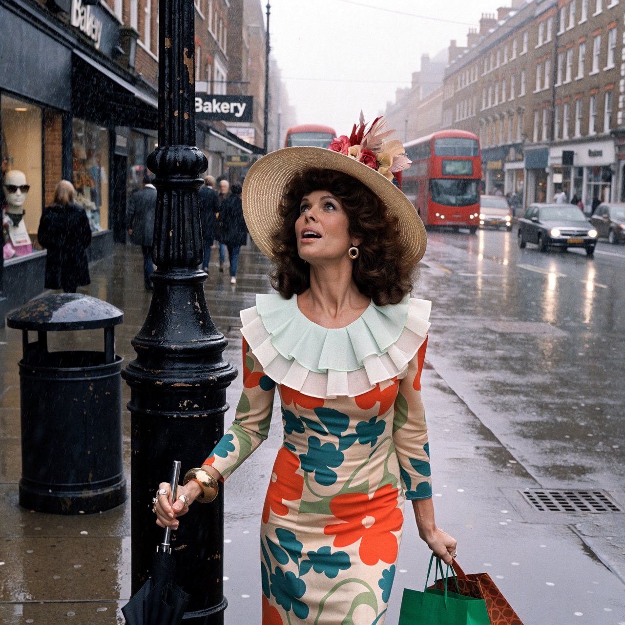 A glamorous woman walking down a busy UK high street in 1977. There are cars, buses and shops full of merchandise. Something surprising catches her eye. — Recraft v4 Pro