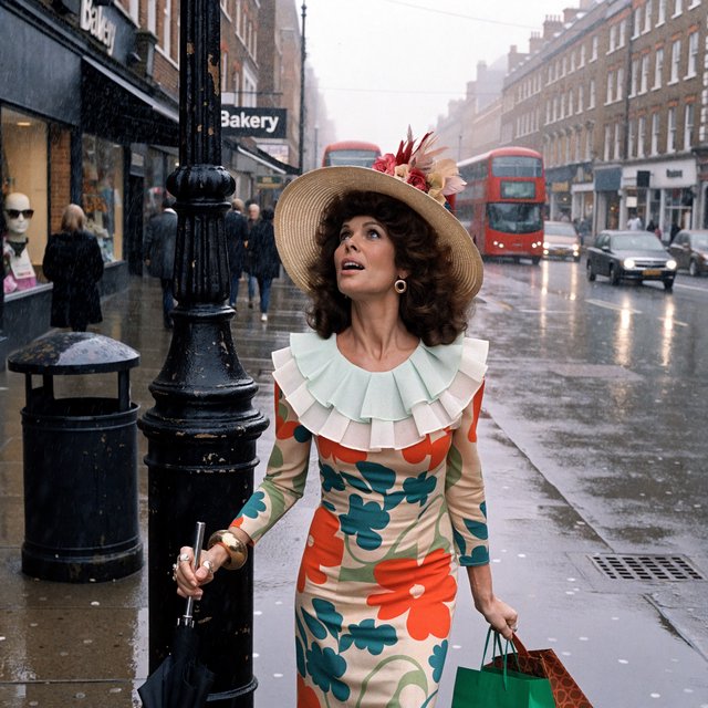 A glamorous woman walking down a busy UK high street in 1977. There are cars, buses and shops full of merchandise. Something surprising catches her eye. — Recraft v4 Pro