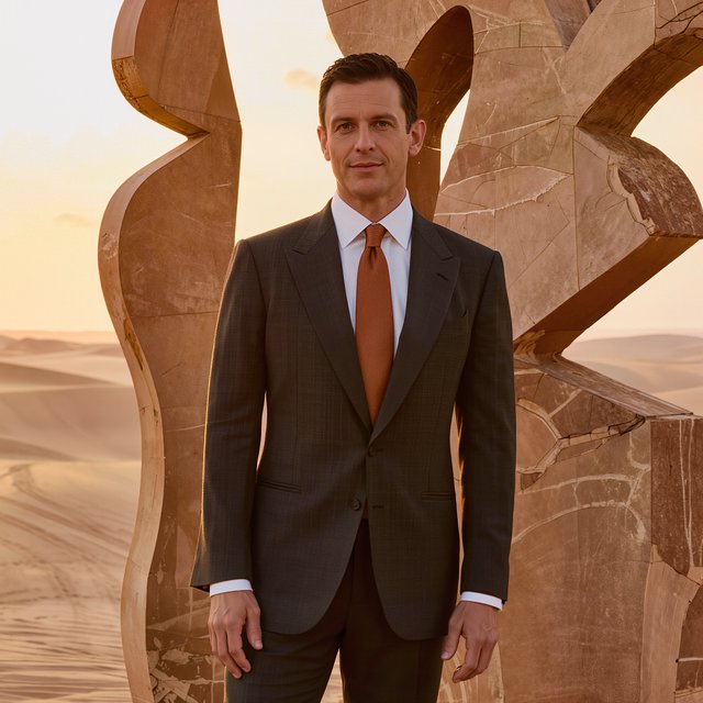 Editorial glamour photograph of an adult man in a charcoal evening suit with a muted copper tie, standing at ease beside a desert art installation, flattering sunset light warming the sculptural landscape, composed expression and refined magazine atmosphere. — Kling v3