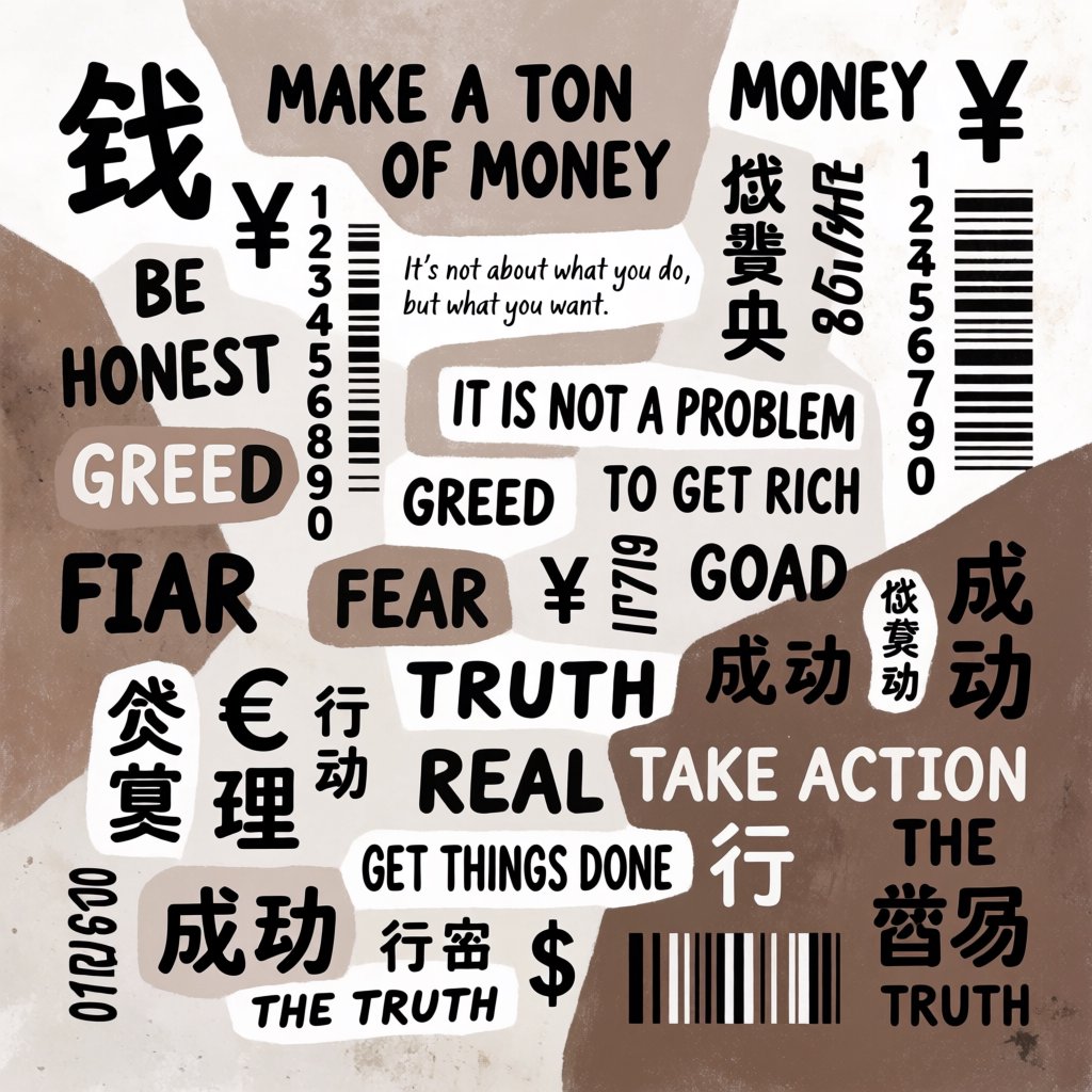 Messages and words related to making a ton of money, hidden in plain sight around the world. — Krea 2 Medium