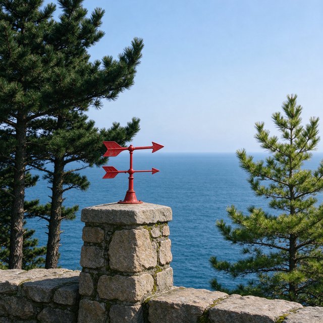 At a coastal overlook, a small red weather vane stands on a stone post. Exactly two dark-green pine trees line the left edge and one pale-green pine tree stands at the right edge; a blue sea fills the background, nothing else. — Model 19