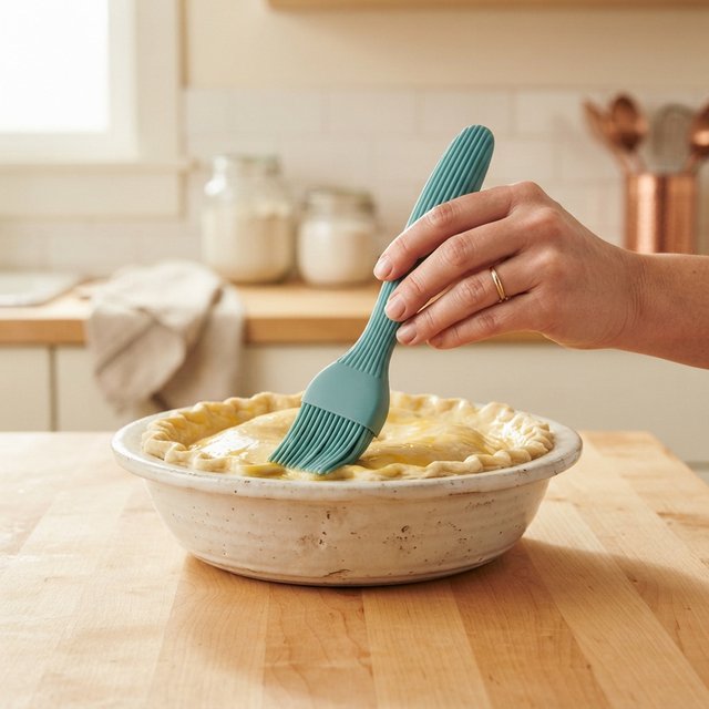 Across a honed maple counter, an adult hand guides an unbranded silicone pastry brush over a ceramic bowl; its ribbed teal handle catches diffused key light and warm bounce against a cream kitchen background, face cropped out, no lettering, commercial product image. — Nano Banana 2 Lite