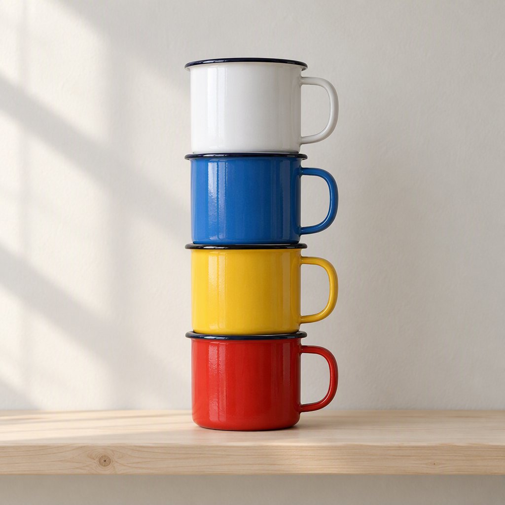 Exactly four enamel camping cups form a vertical tower on a pale wooden shelf, bottom to top: red, yellow, blue, white; all handles face right. Soft morning light, nothing else. — GPT Image 2.5 Flare