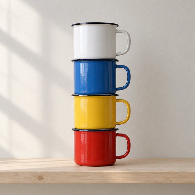 Exactly four enamel camping cups form a vertical tower on a pale wooden shelf, bottom to top: red, yellow, blue, white; all handles face right. Soft morning light, nothing else. — GPT Image 2.5 Flare