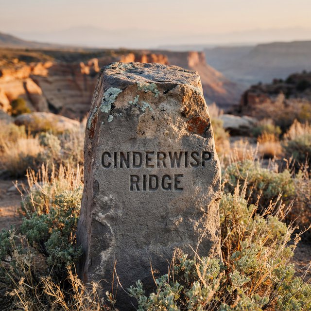 At a high desert canyon overlook, a weathered granite trail marker rises among sage and pale grasses; "CINDERWISP RIDGE" is deeply carved across its broad face, the cut letters catching slanting amber light. — Ideogram v4.5