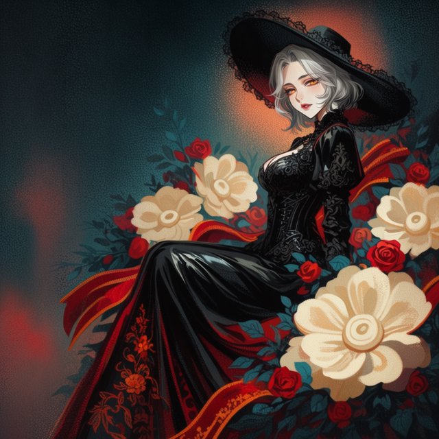 An elegant gothic woman sits sideways among oversized ivory blossoms, crimson roses, and dark teal foliage, turning toward the viewer with half-lidded amber eyes. She has a softly waved silver-white bob and a fitted black gown with lace, embroidered sleeves, and a sculpted corset. Deep-teal skirt folds reveal crimson lining and burnt-orange embroidery. Crimson ribbons with orange edging weave through the flowers, leaving breathing room around her pale face and hands. A deep-teal background fades into charcoal, with muted burnt-orange light behind her head, faint crimson haze below, and botanical shadows. Fine ordered dithering, delicate checkerboard patterns, and clustered pigment grains soften background transitions only; the woman and flowers remain smoothly painted. Crimson, deep teal, glowing orange, lacquer black, and warm ivory palette. Soft frontal fill, luminous hair, readable black fabric, subtle orange rim light, refined gothic anime, precise linework, dramatic floral framing — Krea 2 Large