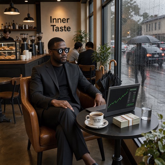 Realistic, a man wearing a black suit and cool shades with the word “G” on them, sitting near a table in a friendly coffee shop with the words “Inner Taste” displayed in the shop, coffee on the table, a coffee cup with the words “Taste like success,” a stack of money on the table, a high-end laptop displaying a successful trade, and rain pouring outside. The vibe is calm and chill. — FLUX 3 Image