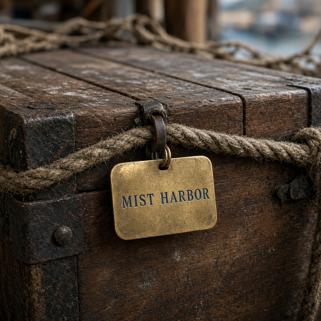 A brass luggage tag hangs from a weathered sea chest in a harbor loft, its face bearing “MIST HARBOR” in deeply stamped blue capitals; ropes and salt-crusted fittings surround it, with no other writing visible. — Grok Imagine Image 2